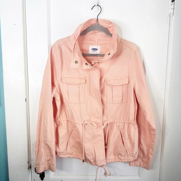 Old Navy ON Peach Field Utility Jacket Funnel Neck Gold Buttons Cinched Waist L - Picture 2 of 14